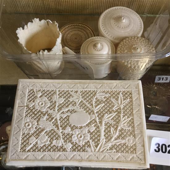 Indian carved & pierced small ivory casket, a small leaf-carved ivory vase & 4 circular boxes and covers, various(6)